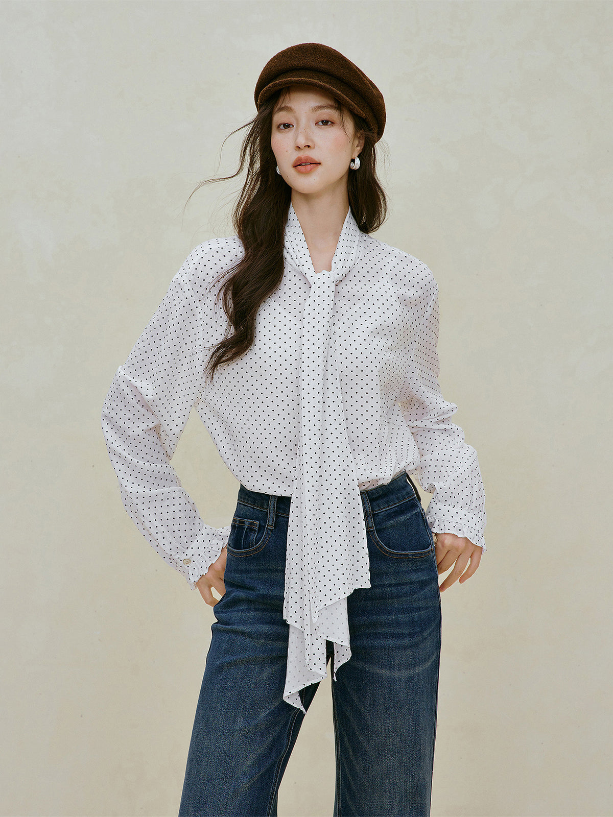 Elegant Polka Dot Tie Neck Blouse