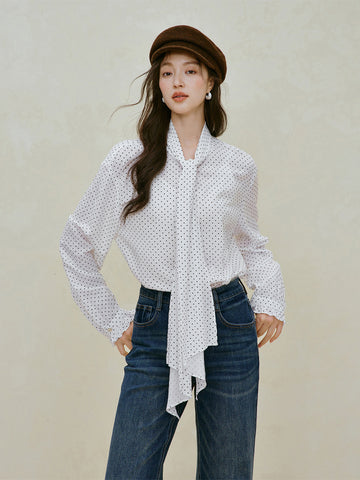 Elegant Polka Dot Tie Neck Blouse