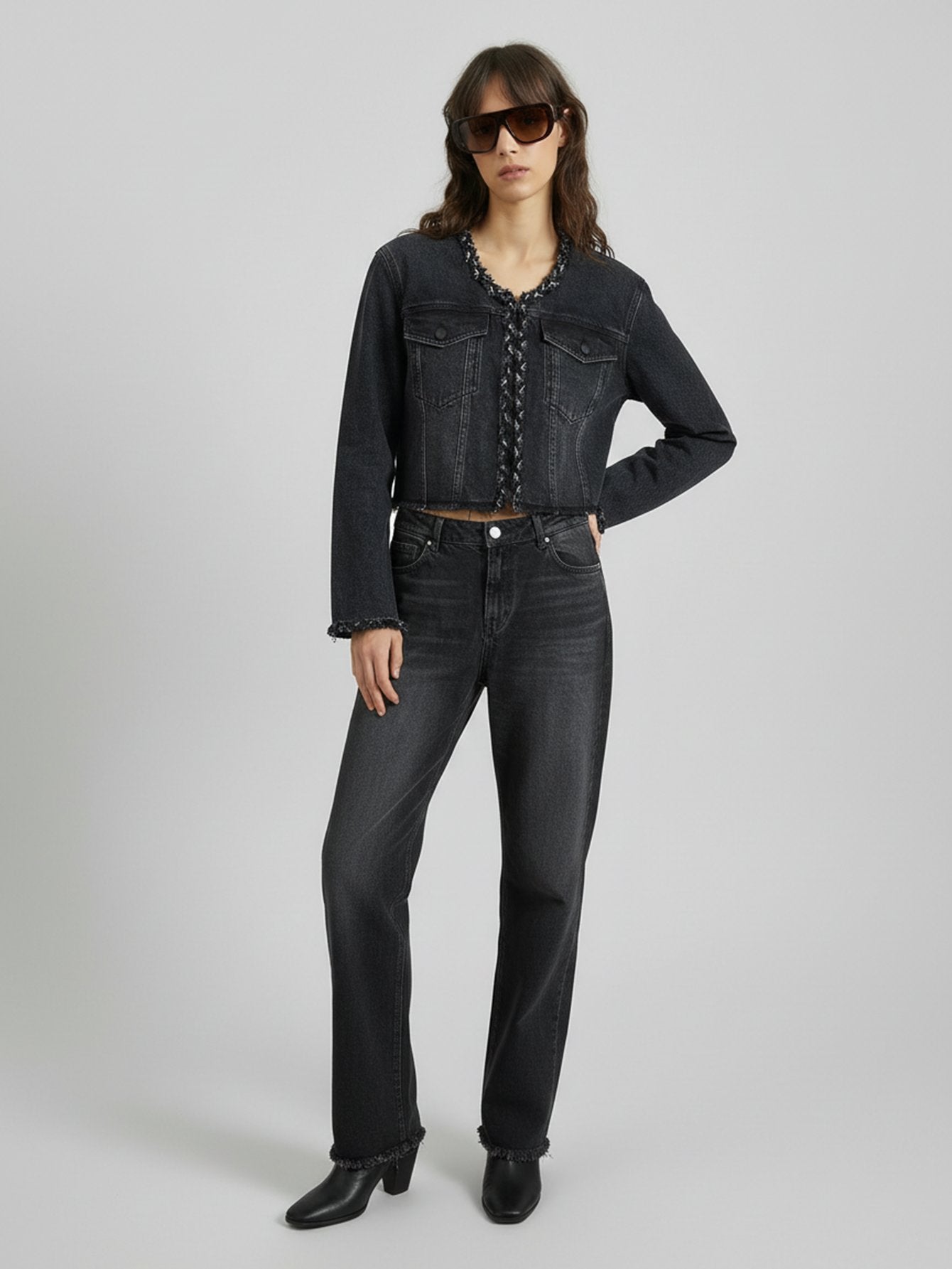Cropped Collarless Denim Jacket