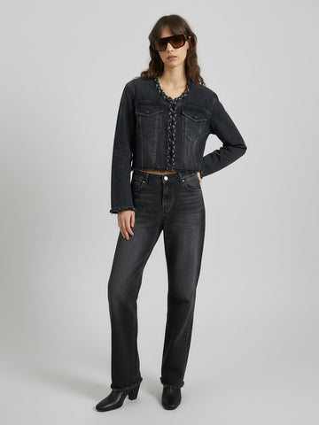 Cropped Collarless Denim Jacket