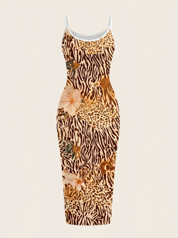 MAIA Floral Print Strapless Sheath Midi Dress