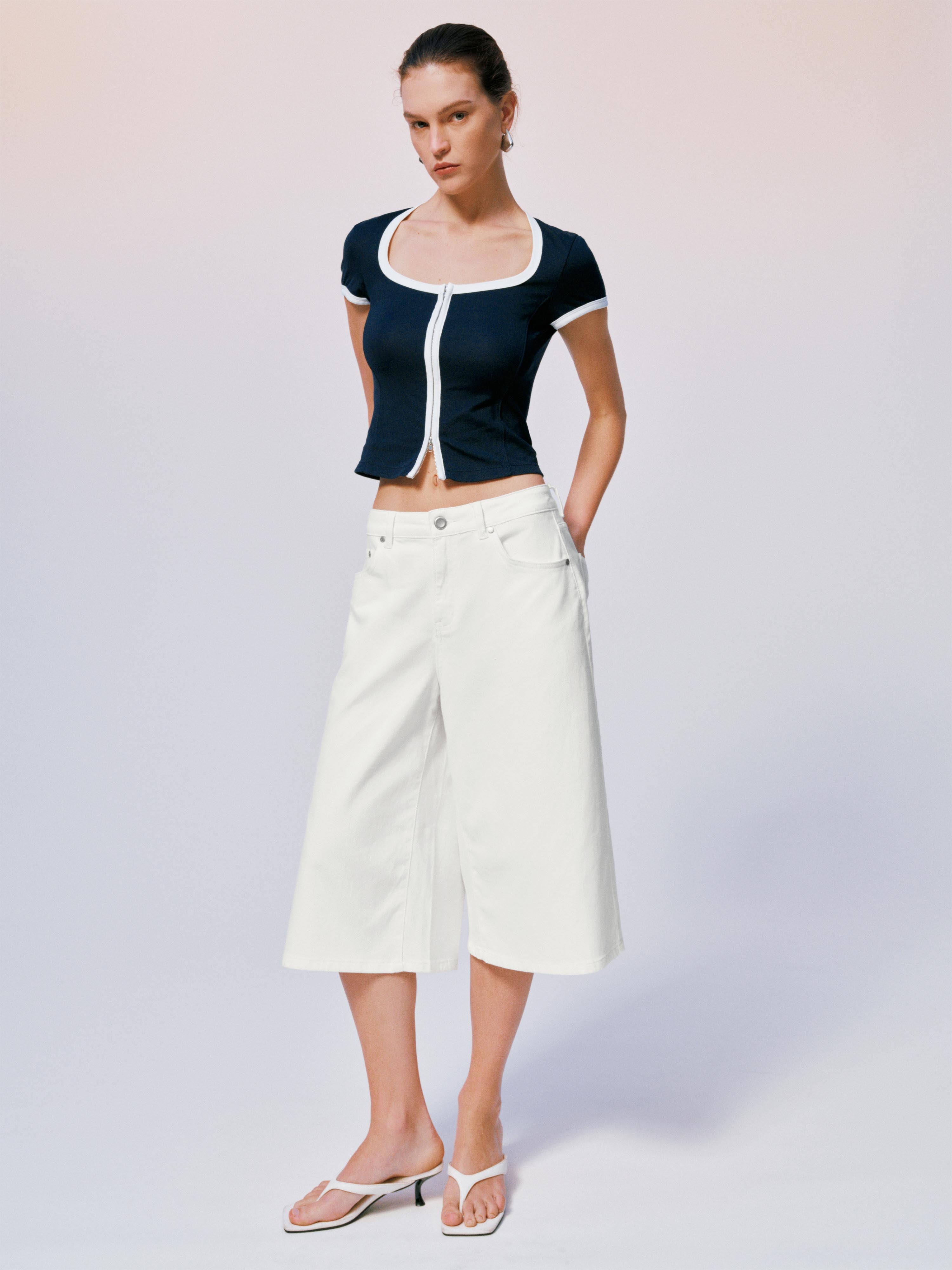 Contrast Trim Square Neck Zip-Up Cropped Skinny-Fit T-Shirts
