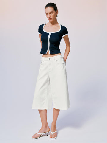 Contrast Trim Square Neck Zip-Up Cropped Skinny-Fit T-Shirts