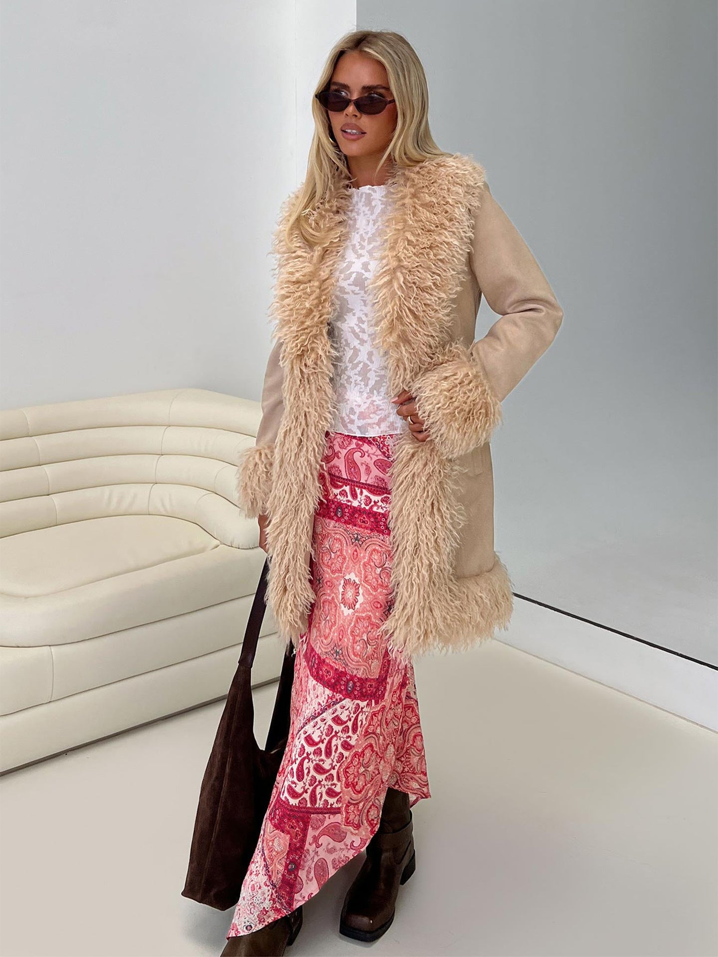 Faux Fur Trim Suede Coat