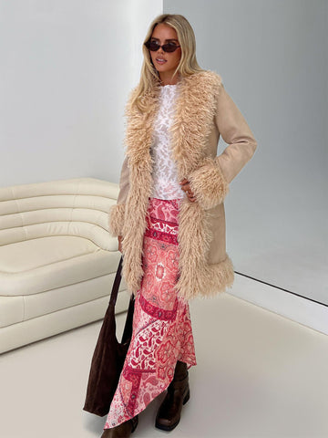 Faux Fur Trim Suede Coat