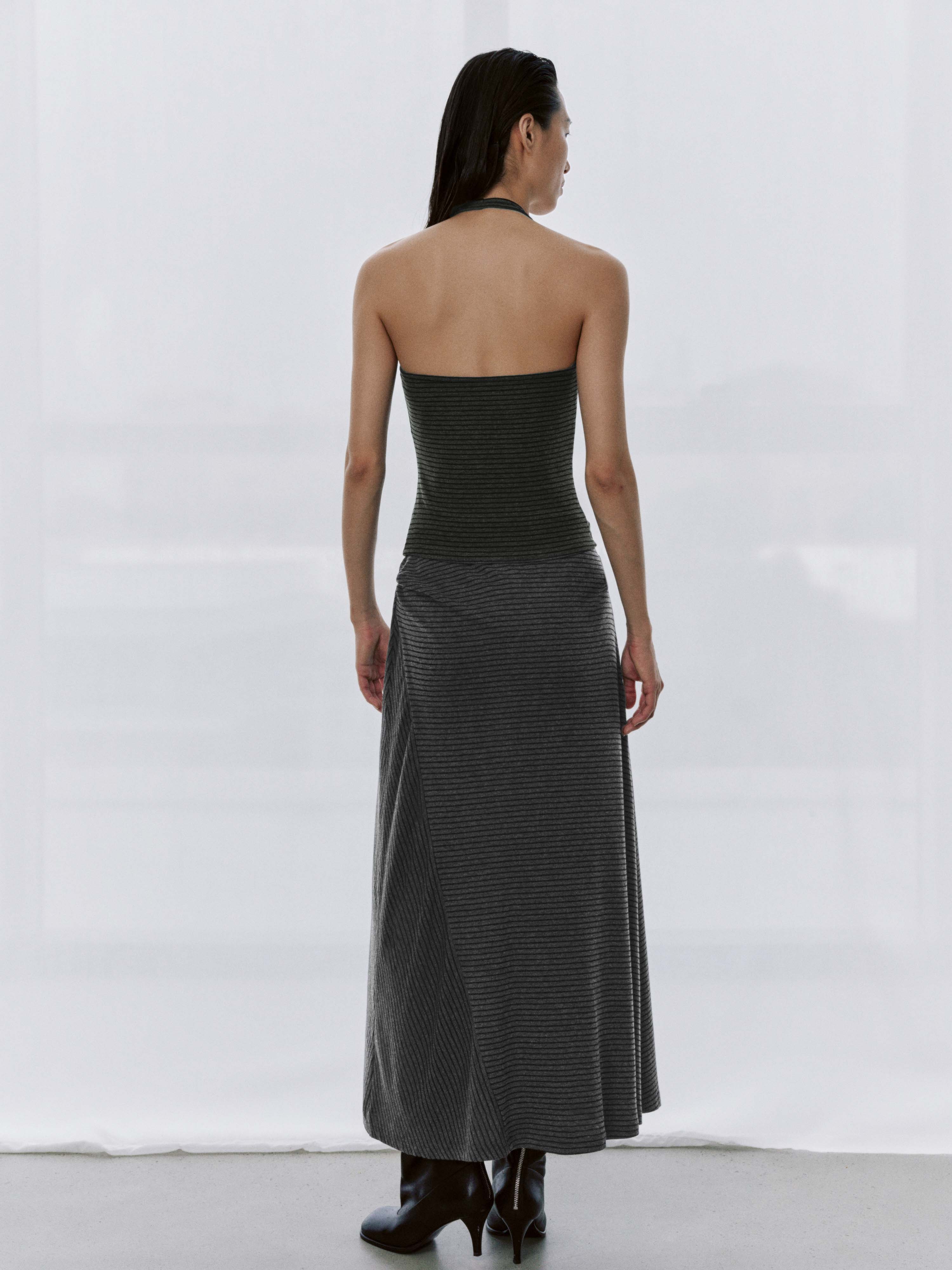 Asymmetric Striped Ruched Straight Maxi Skirts