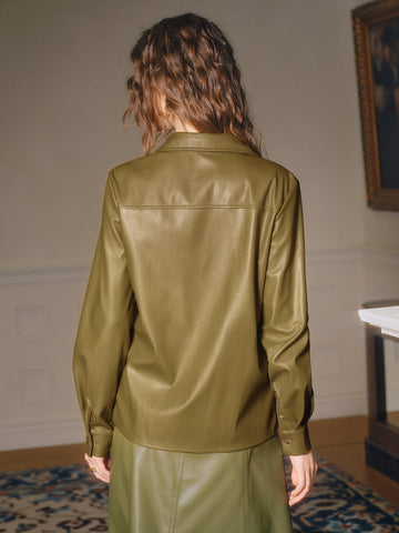 Embroidered Faux Leather Button Down Shirt