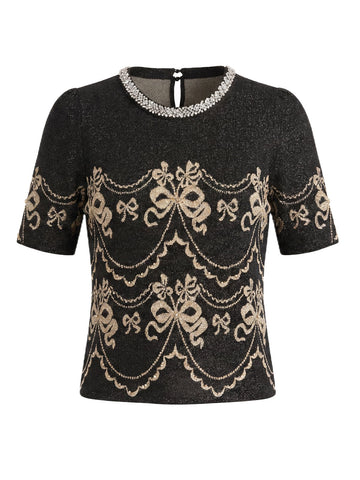 Embellished Metallic Jacquard Knit Sweater