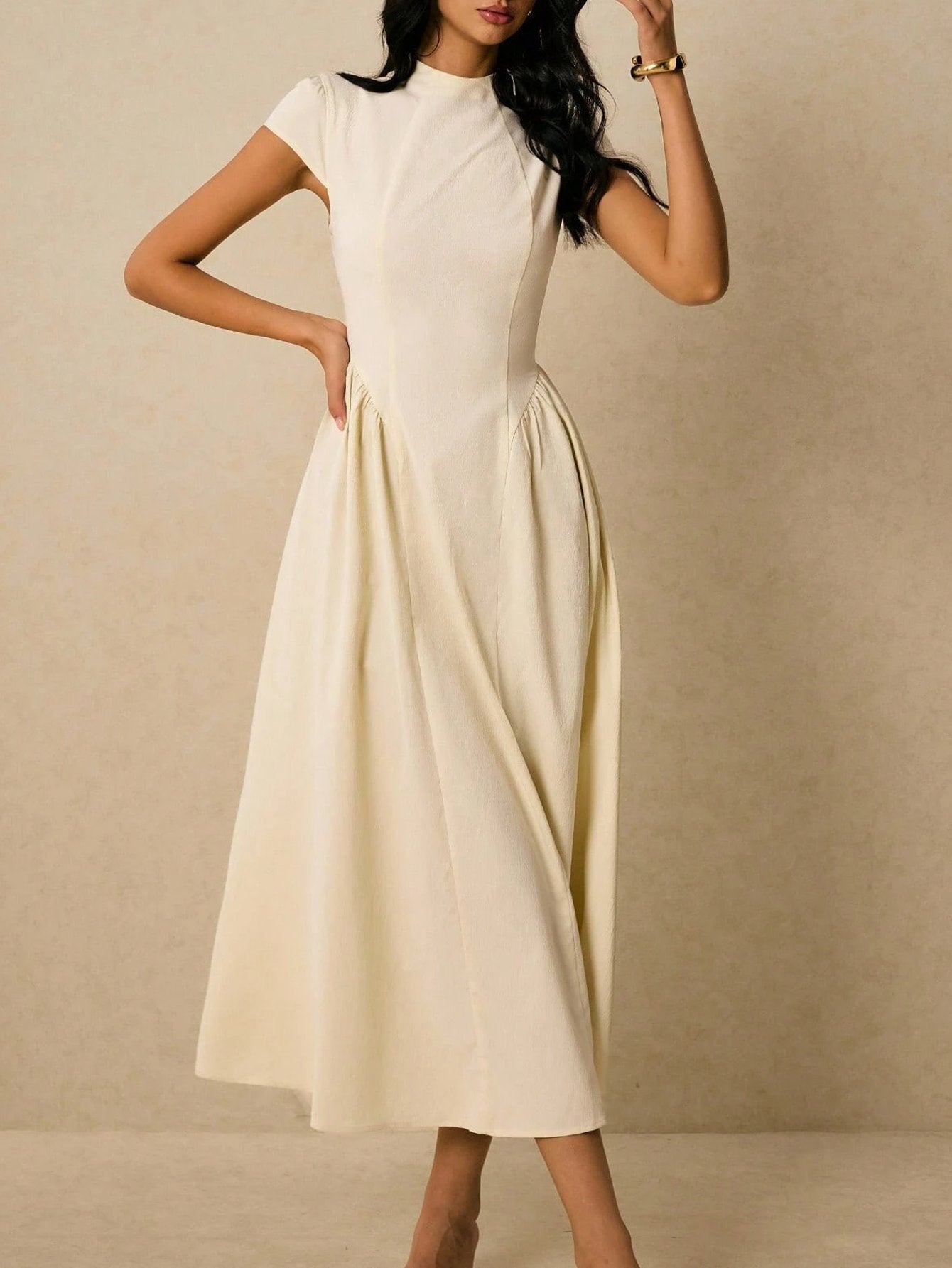 High-Neck Cap-Sleeve Draped Elegant Dress-Cream