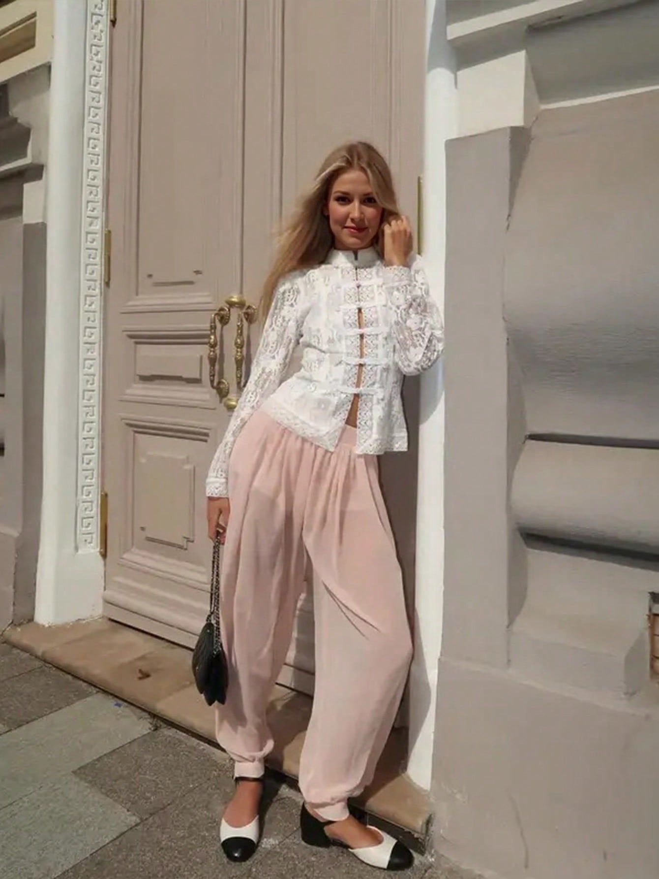 Elegant Lace Mandarin Collar Button Shirt