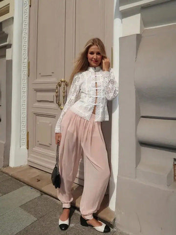 Elegant Lace Mandarin Collar Button Shirt