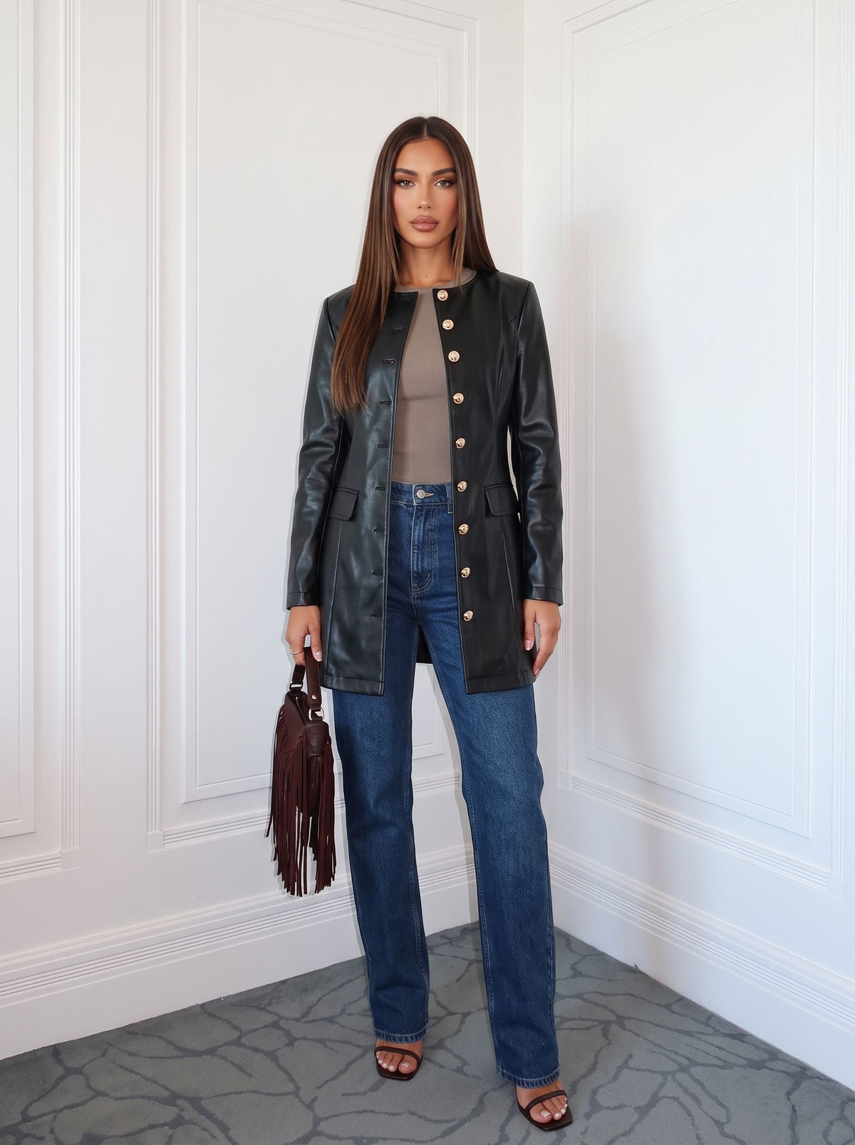 Elegant Gold Button Faux Leather Jacket