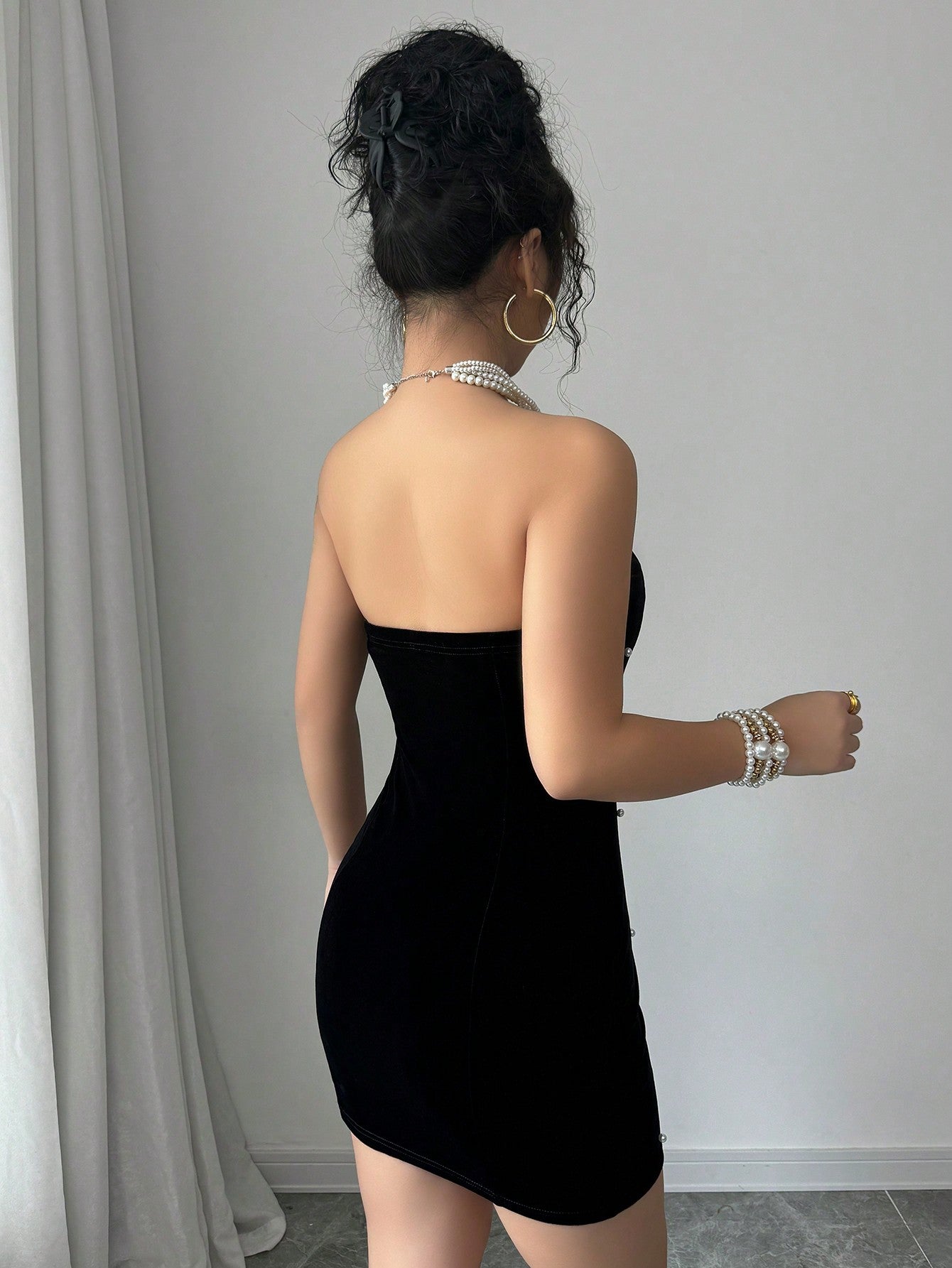 Pearl Embellished Strapless Velvet Mini Dress