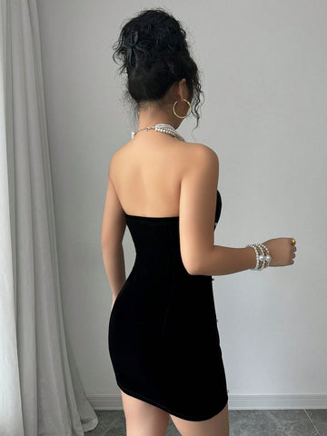 Pearl Embellished Strapless Velvet Mini Dress