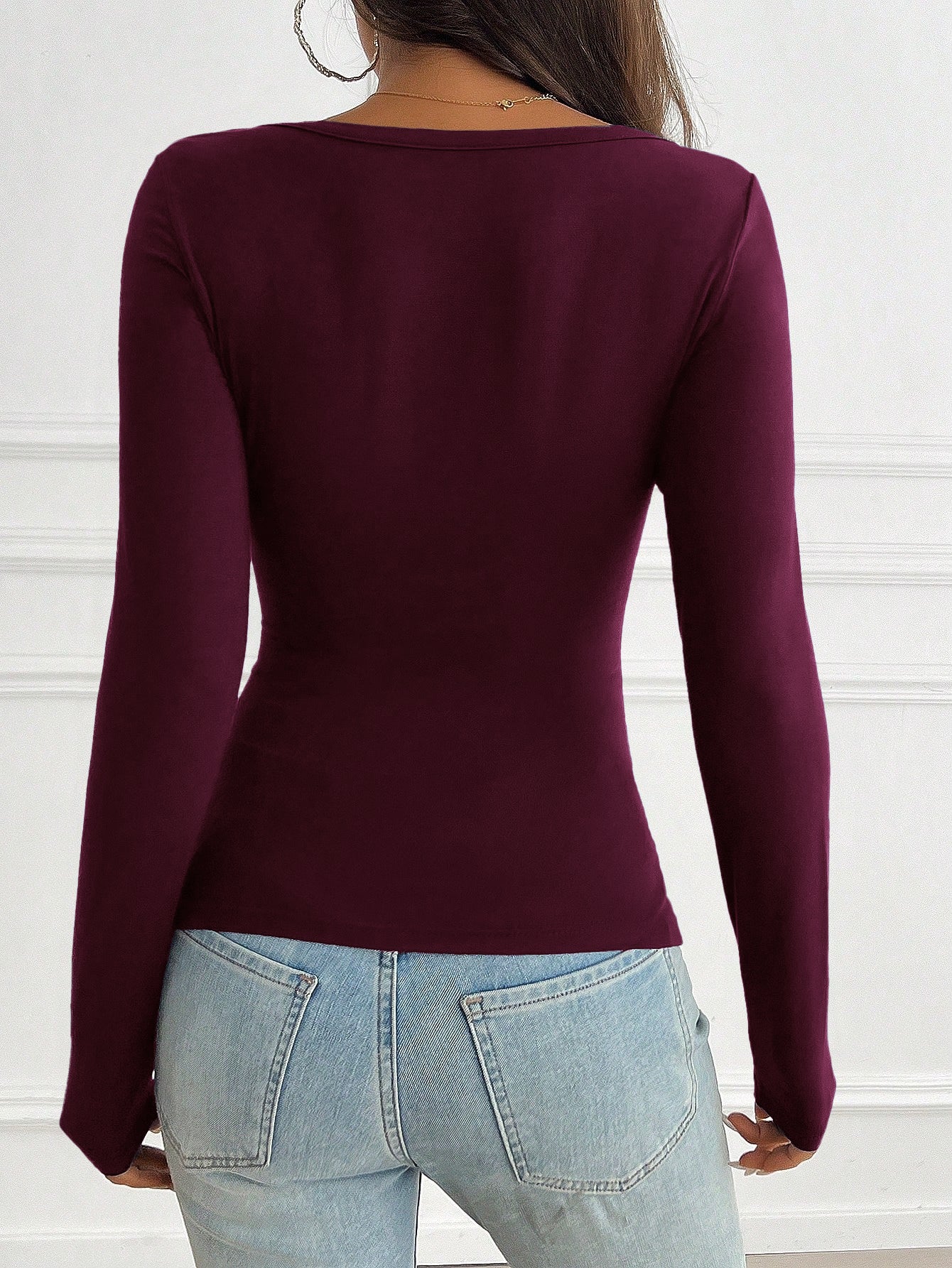 V Neck Long Sleeve Button-Front Casual T-Shirt