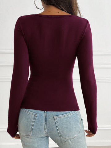V Neck Long Sleeve Button-Front Casual T-Shirt