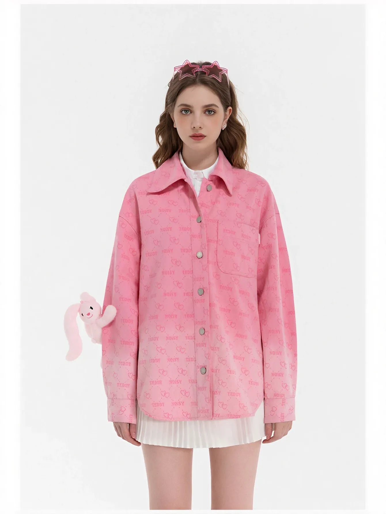 Cute Pink Heart Print Button Shirt