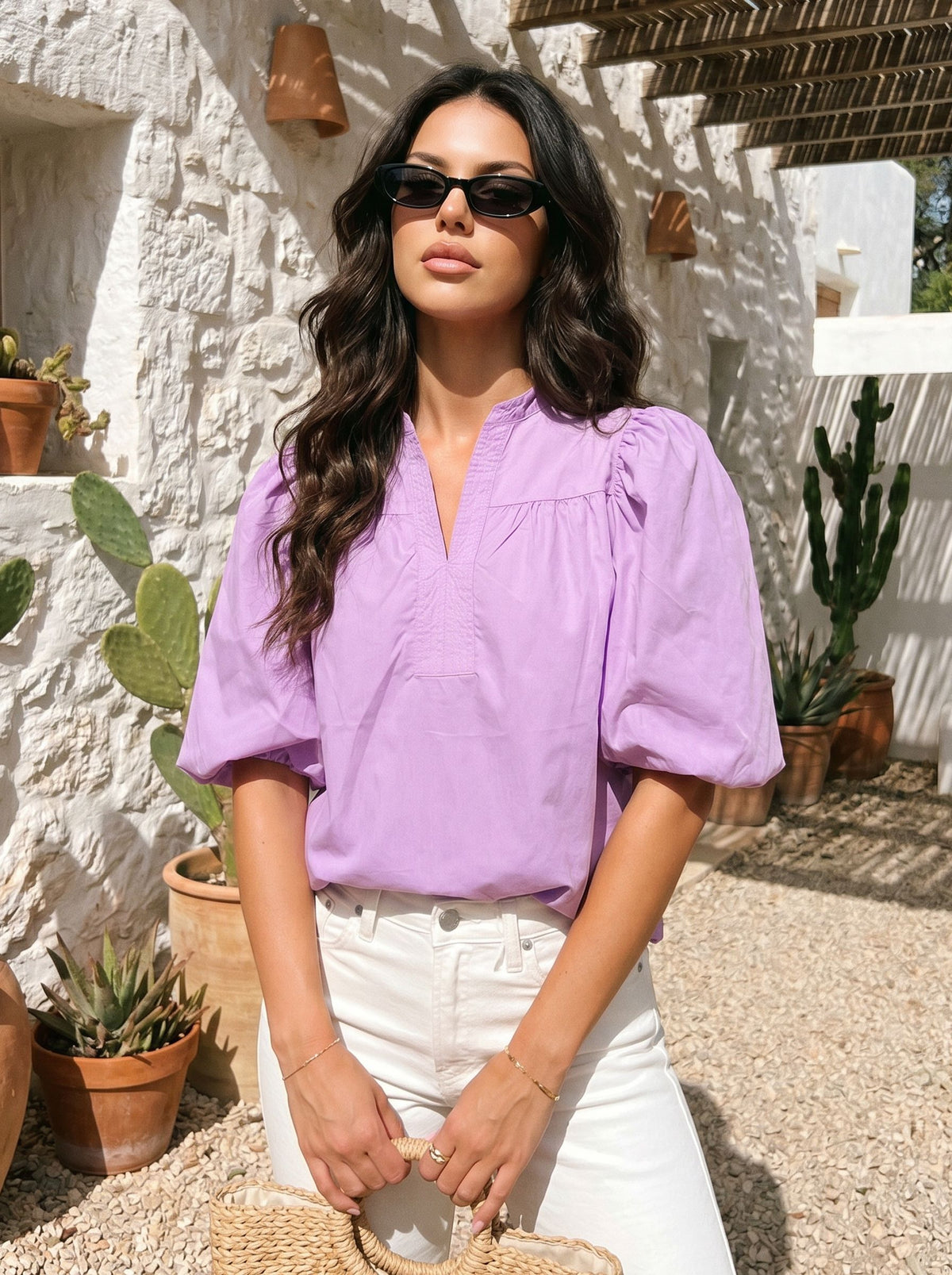 Puff Sleeve Split Neck Blouse
