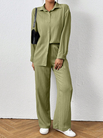 Loose-Fit Shirt Matching Wide-Leg Pants Casual Set