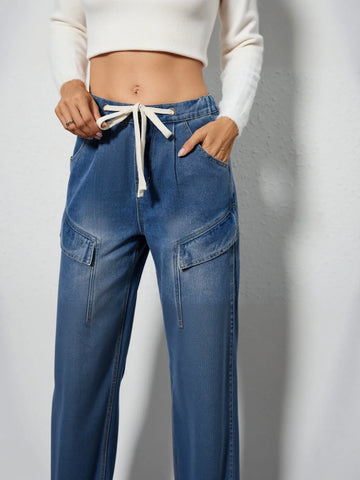 Drawstring Cargo Wide Leg Jeans