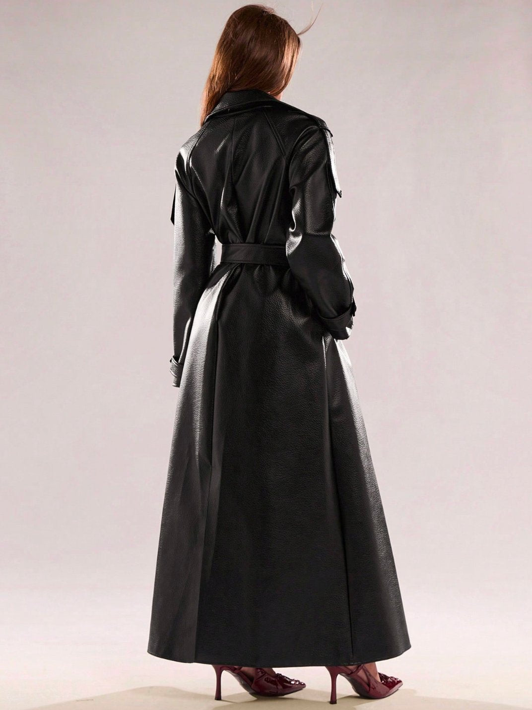 Faux Leather Belted Trench Coat