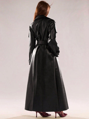 Faux Leather Belted Trench Coat