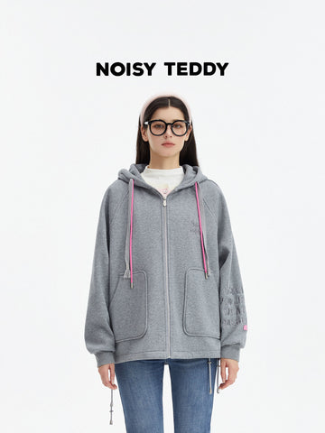 Oversized Graphic Bear Zip Up Hooded Jacket