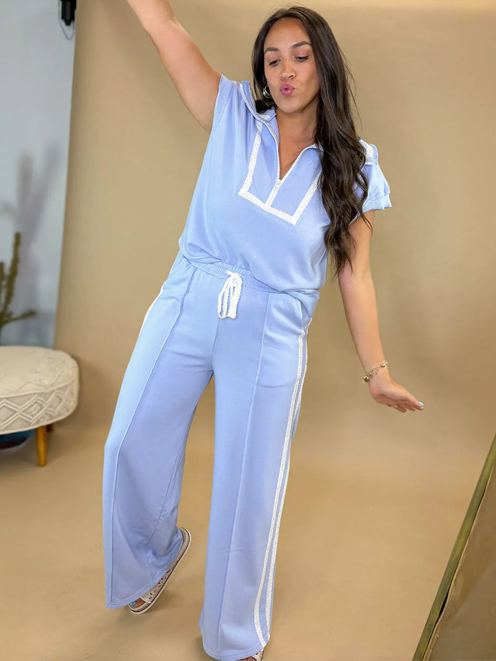 Lace Trim Zip Up Pant Set