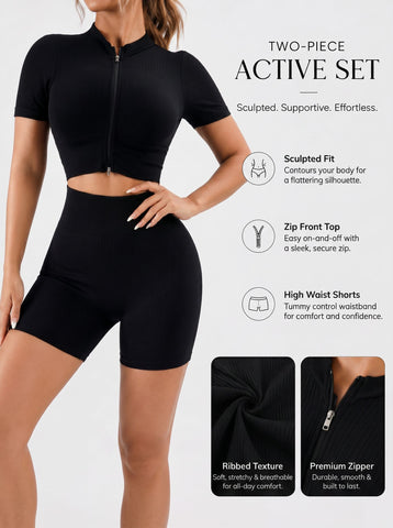 Seamless Ribbed Zip Up Workout Set