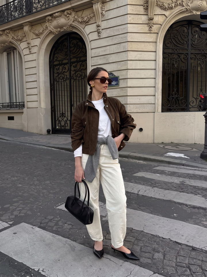 Cropped Suede Utility Bomber Jacket