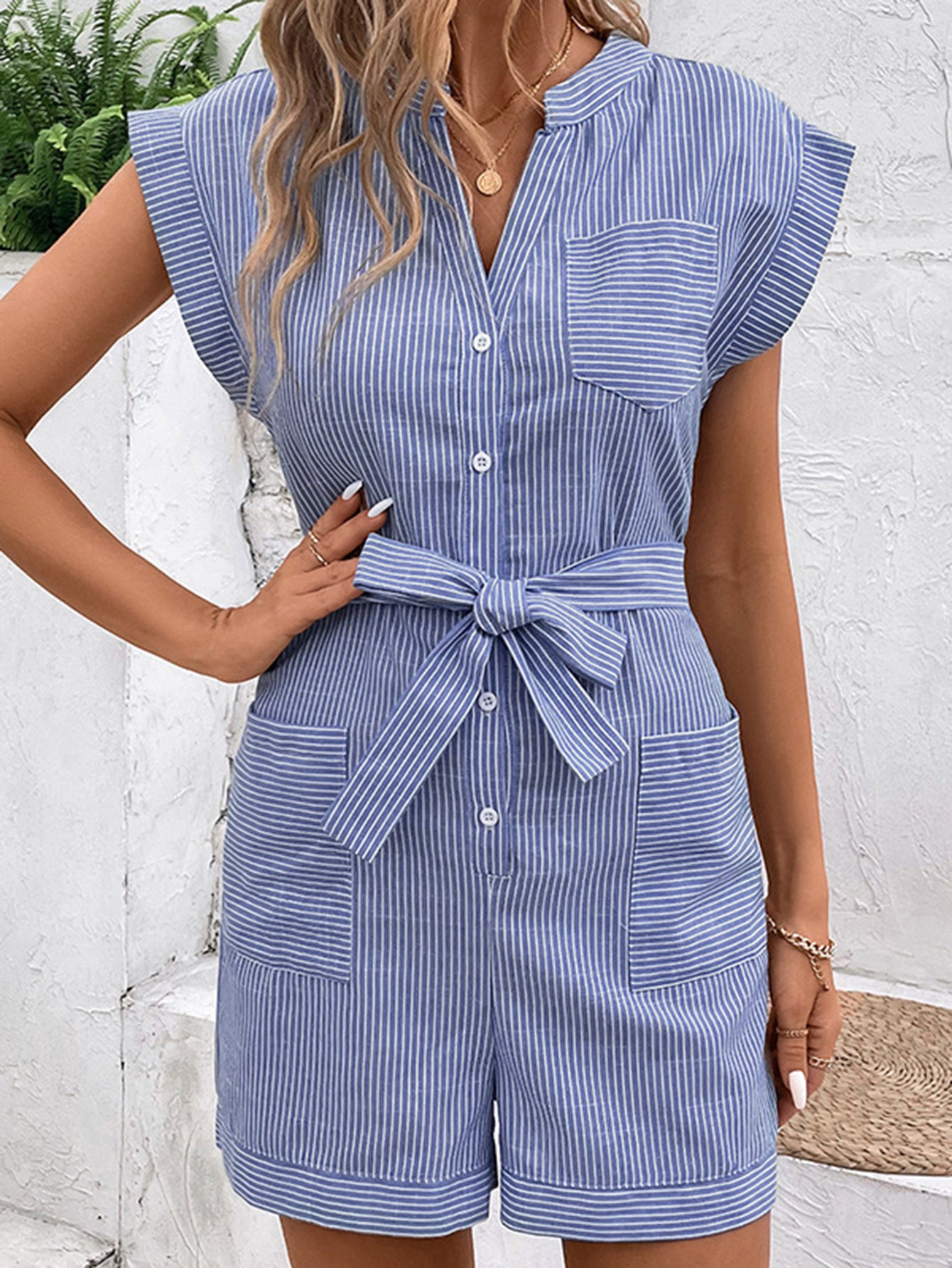 Button Front Short Sleeve Romper