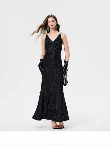 Embellished Satin V Neck Maxi Dress