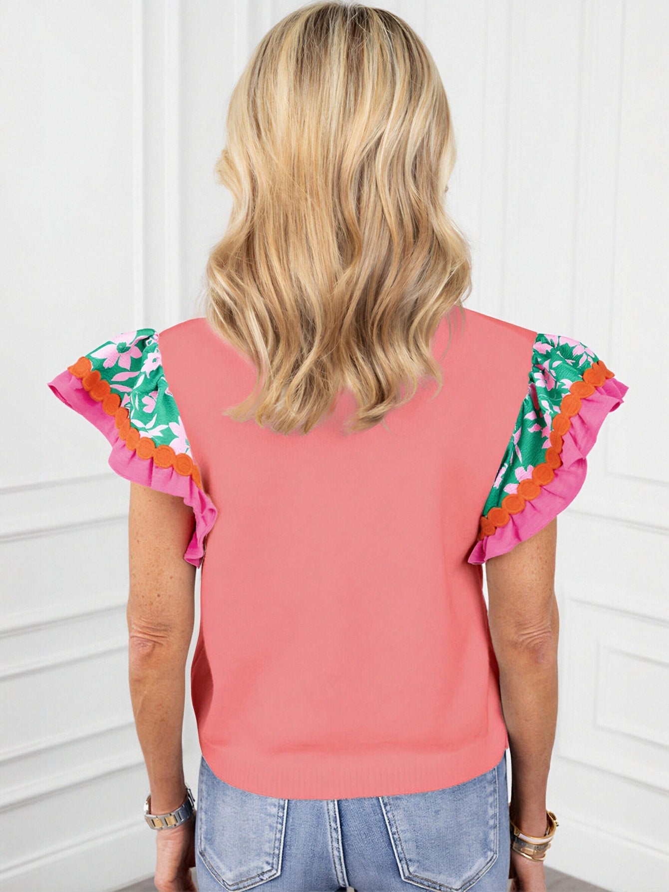 Floral Trim Sleeves Solid T-Shirt