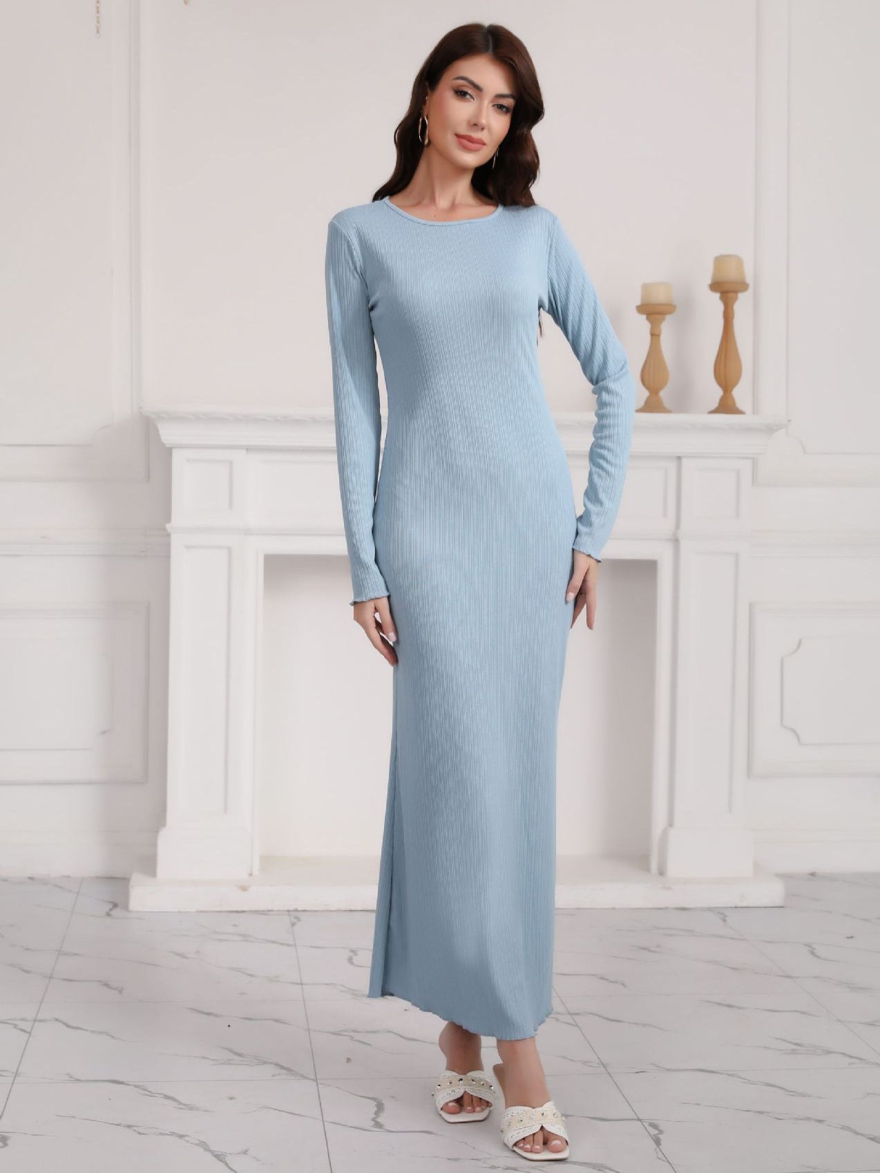 Round Neck Long Sleeve Bodycon Daily Maxi Dress