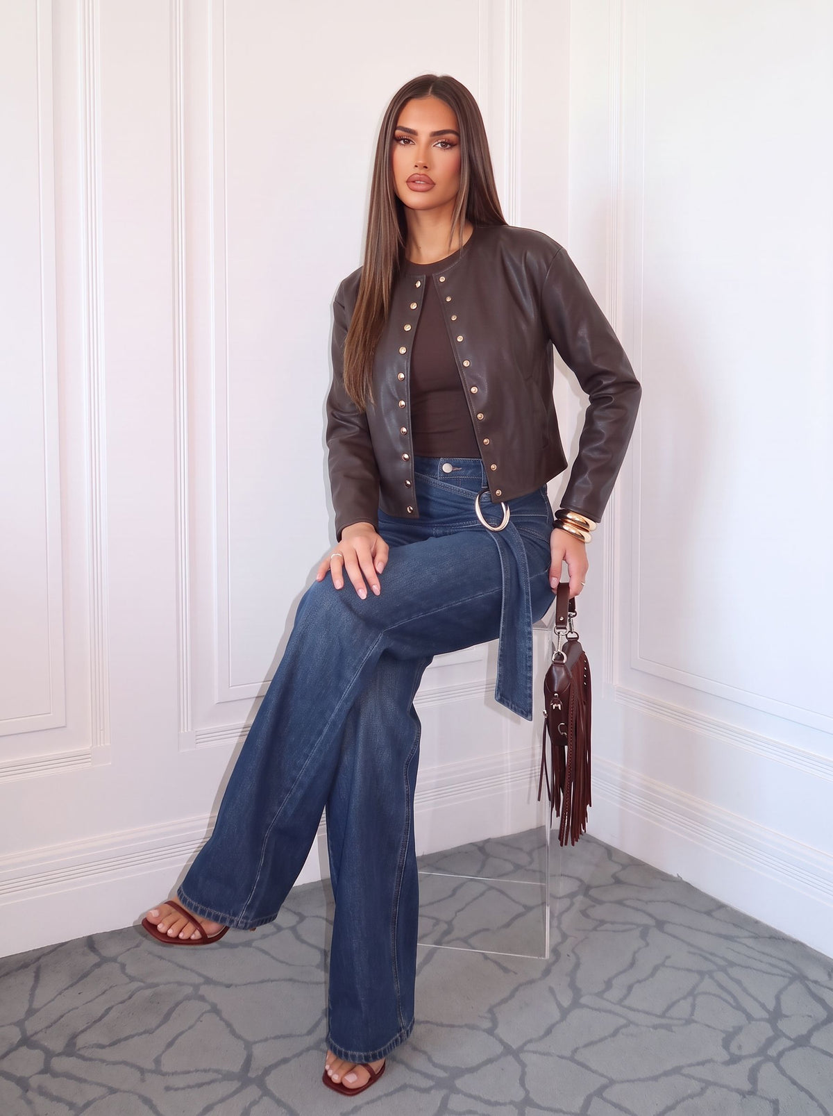 Gold Studded Brown Faux Leather Jacket