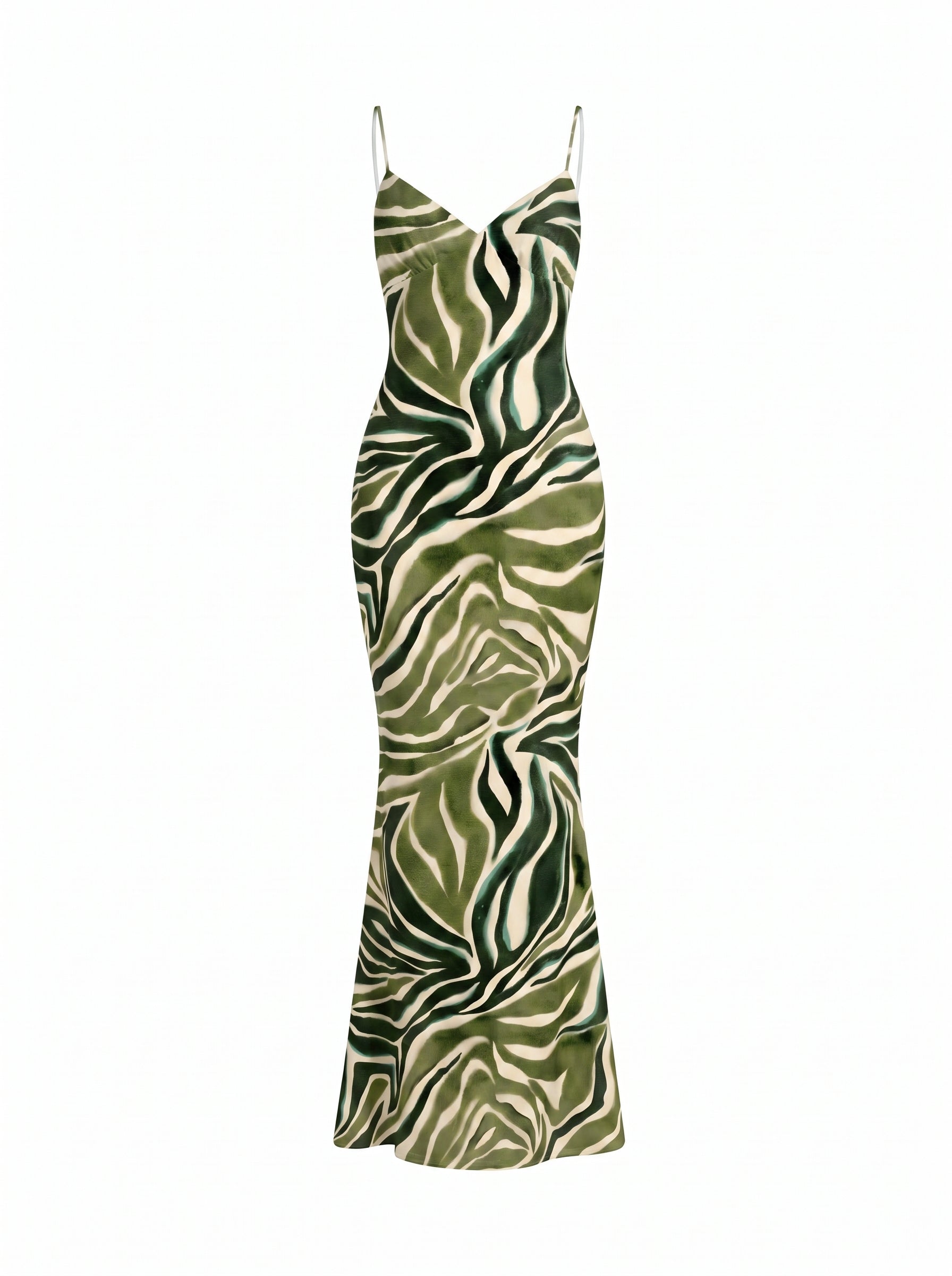 KIRA Green Zebra Print Spaghetti Strap Bodycon Maxi Dress