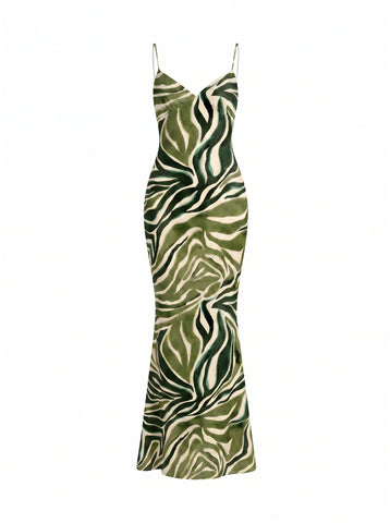 KIRA Green Zebra Print Spaghetti Strap Bodycon Maxi Dress