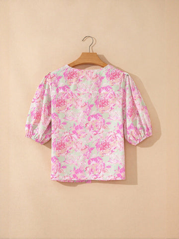 Ribbon Tie Front Floral Print Blouse