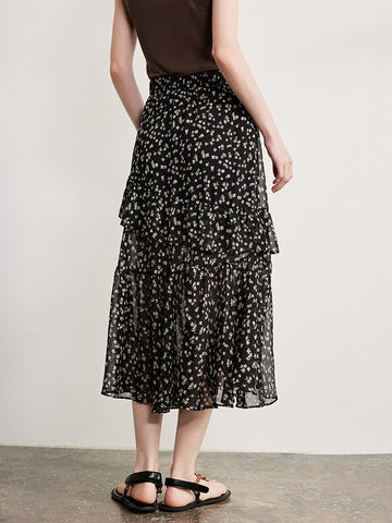 Floral Draped Flowy Midi Skirt