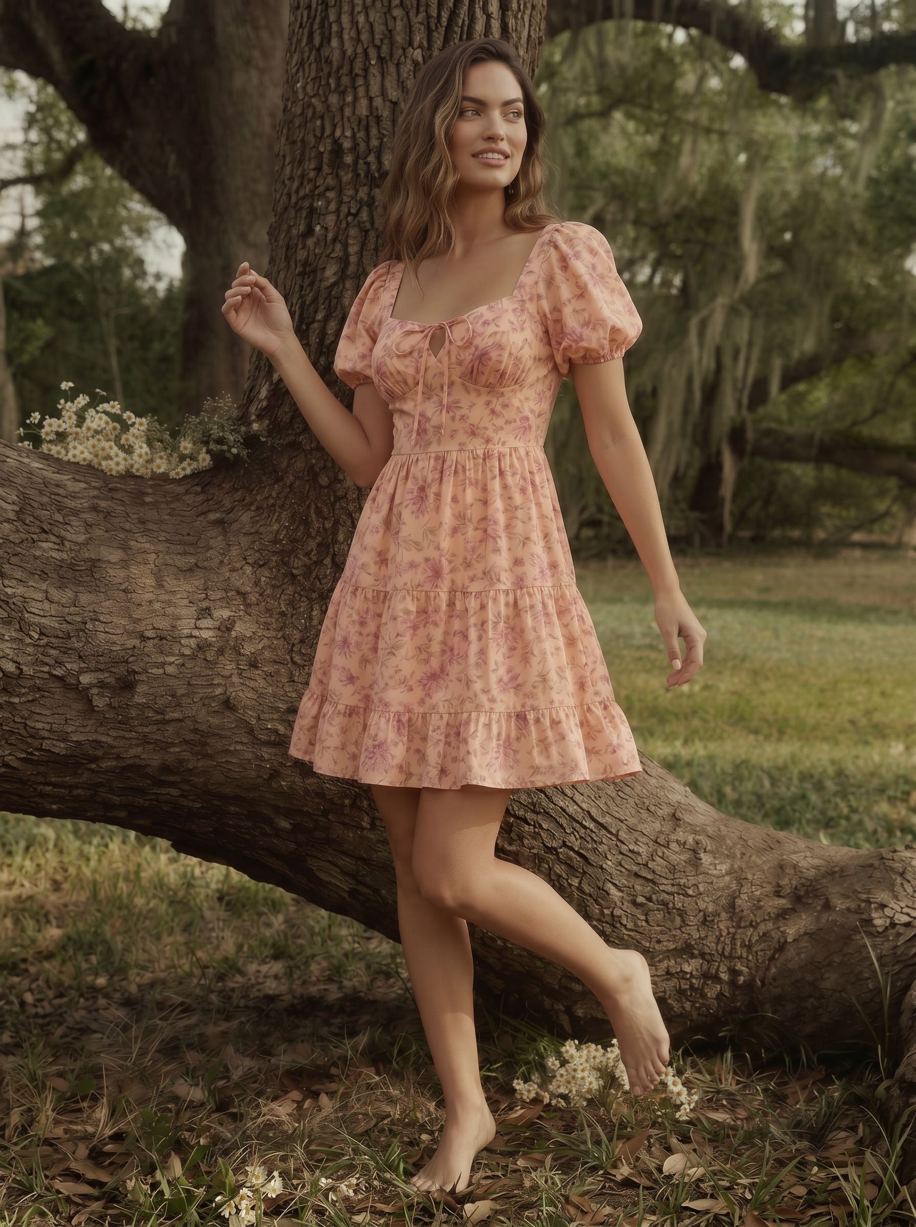 AYLA Floral Print Puff Sleeve Tiered Mini Dress