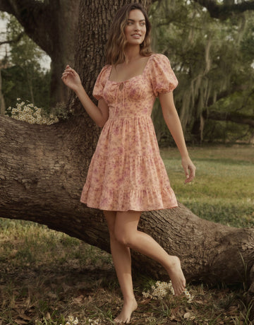 AYLA Floral Print Puff Sleeve Tiered Mini Dress
