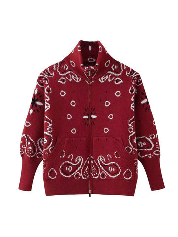 Oversized Bandana Print Zip Cardigan