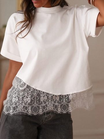 Lace Trim Casual Boxy T Shirt