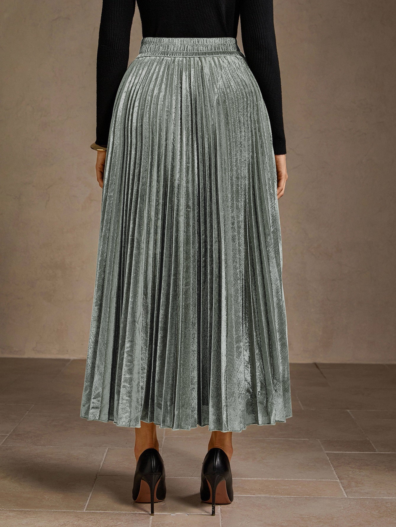 Metallic Pleated High Waisted Midi Skirt