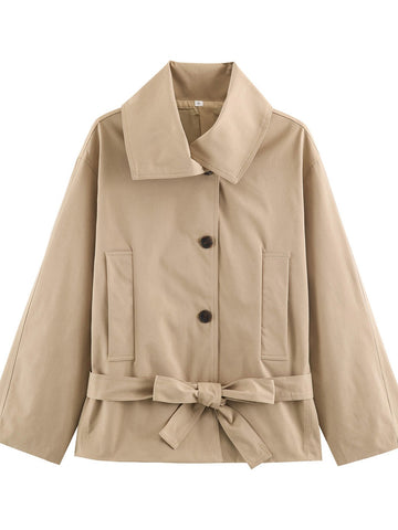 Oversized Belted Beige Cotton Jacket