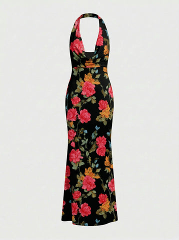 Floral Print Cowl Neck Bodycon Maxi Dress