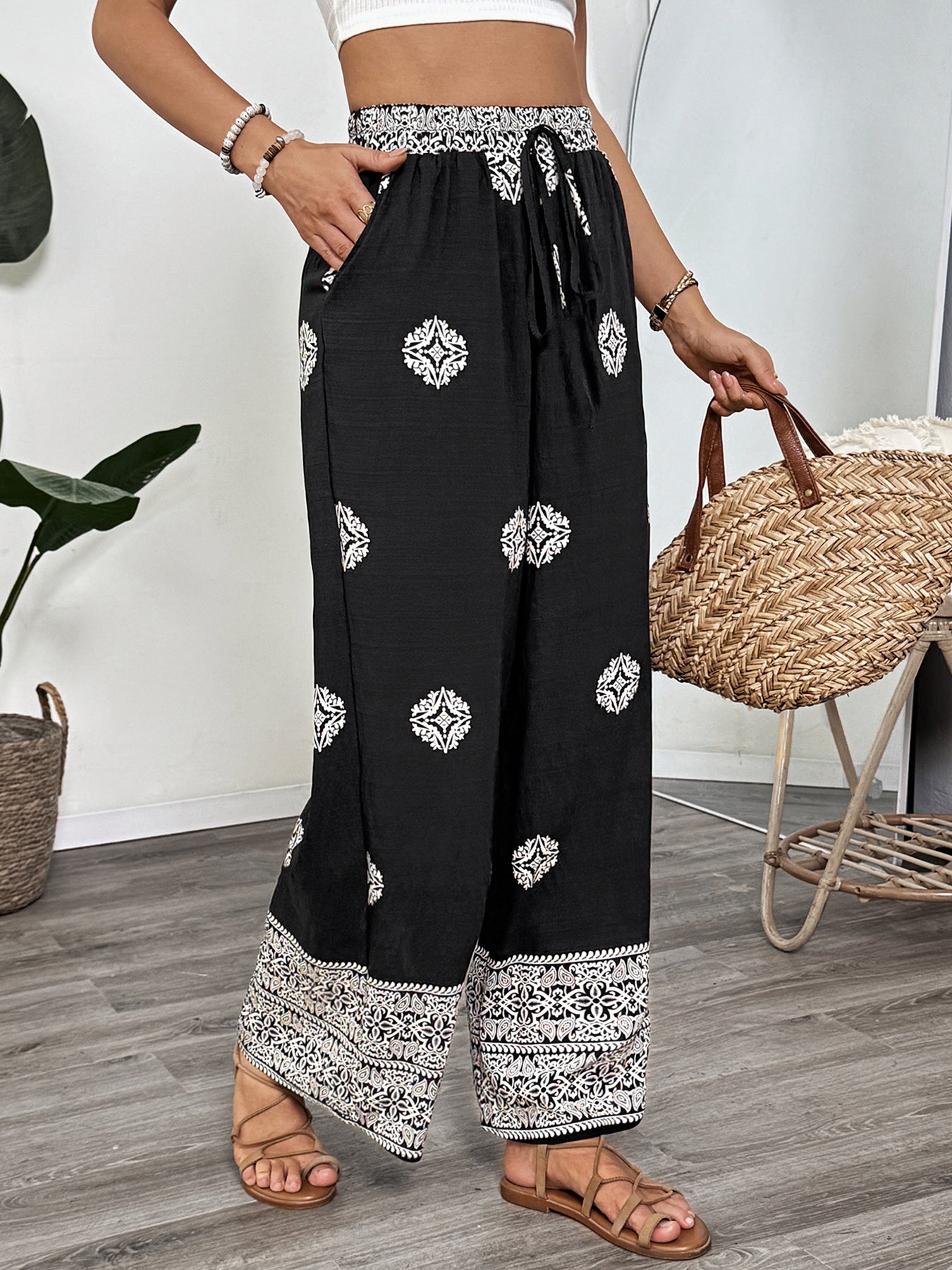 Ethnic Print Drawstring-Waist Relaxed Pants