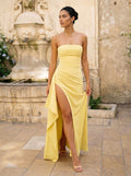 Strapless Ruched High Slit Maxi Dress
