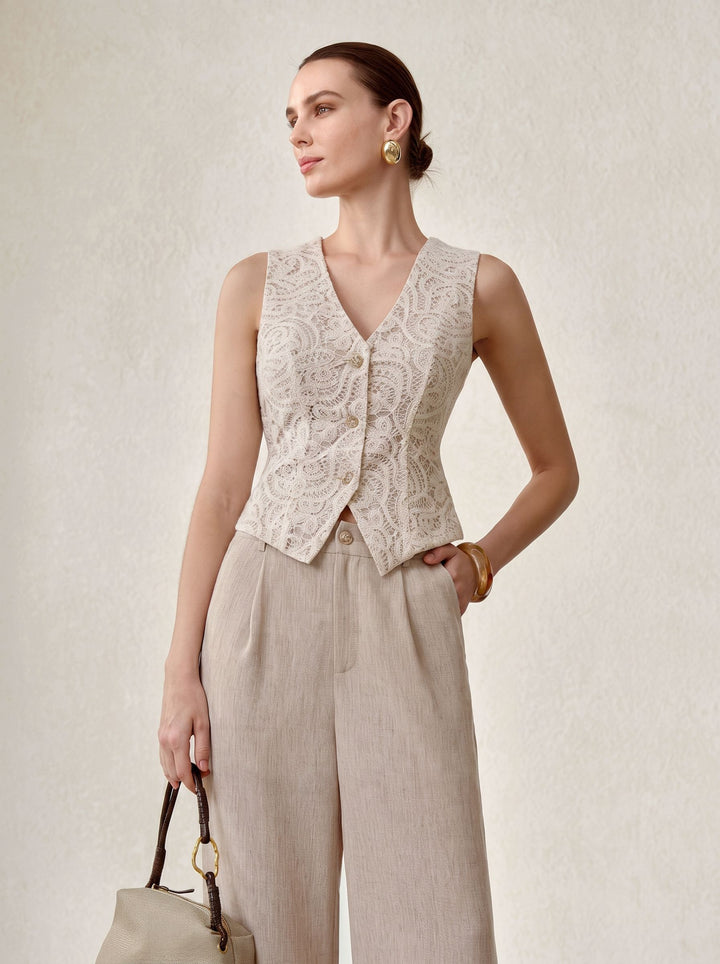 Elegant Lace Vest Wide Leg Pants Set