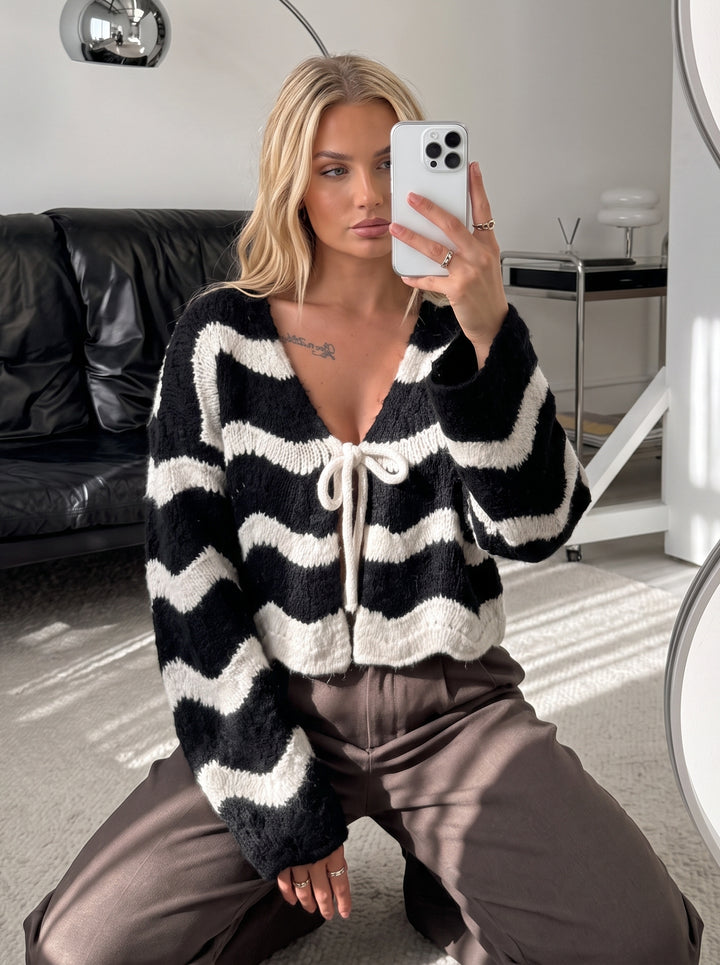 Cropped Striped Tie Front Cardigan